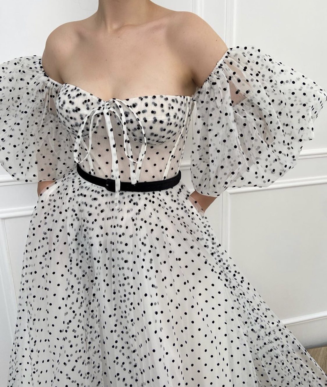 White A-Line dotted dress with off the shoulder sleeves and belt