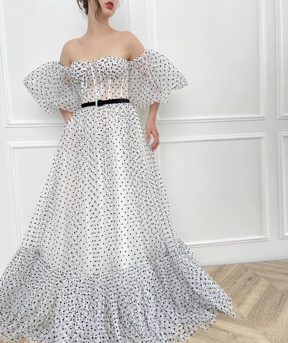 White A-Line dotted dress with off the shoulder sleeves and belt