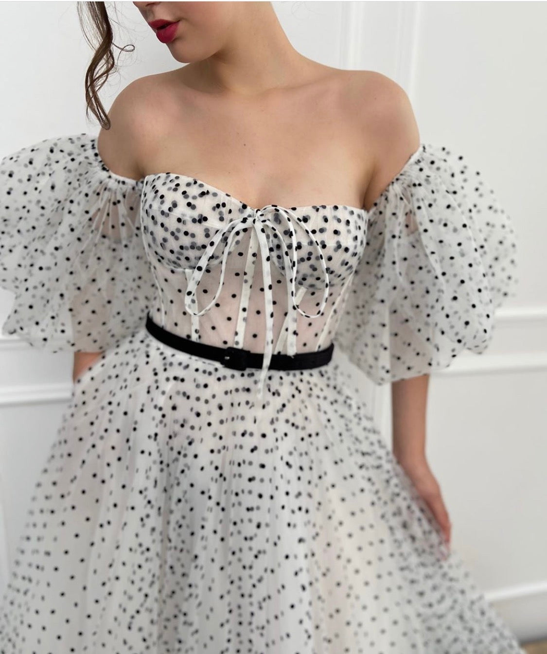 White A-Line dotted dress with off the shoulder sleeves and belt