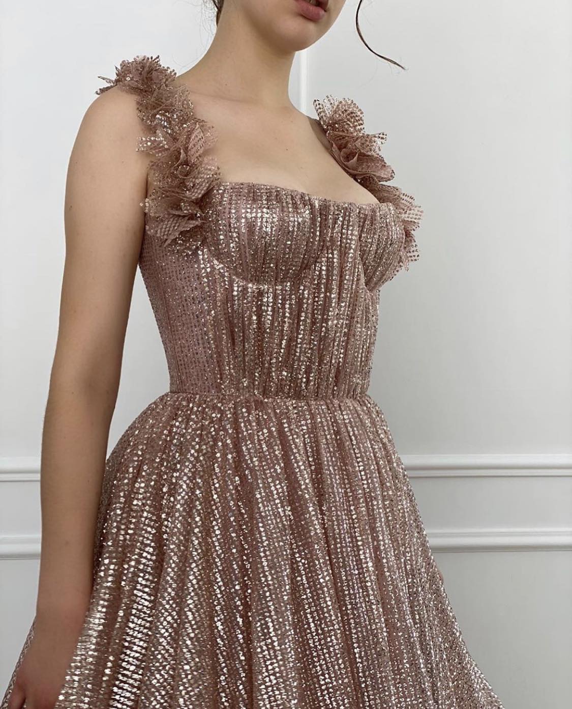 Pink A-Line dress with straps, embroidery and sequins