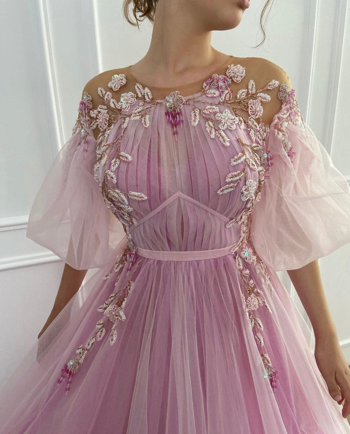 Pink A-Line dress with short sleeves and embroidery