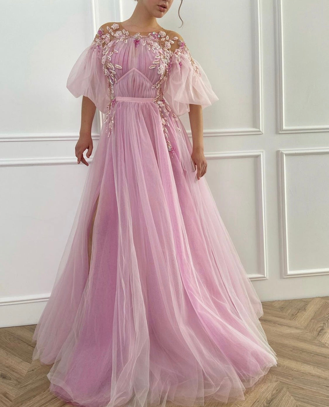 Pink A-Line dress with short sleeves and embroidery