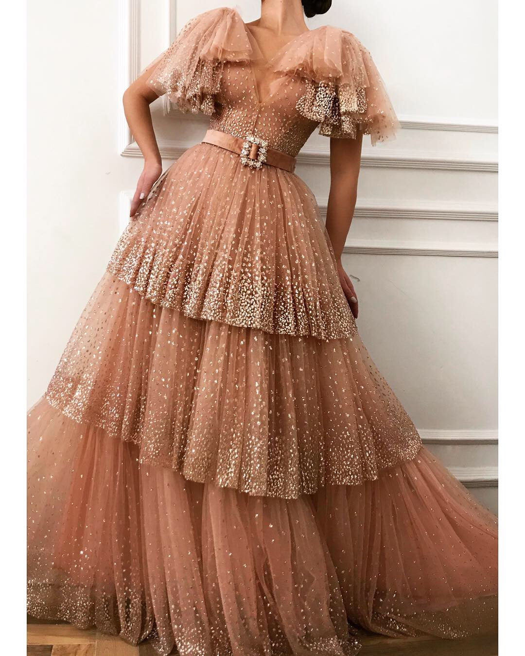 Pink A-Line dress with belt, short sleeves and v-neck