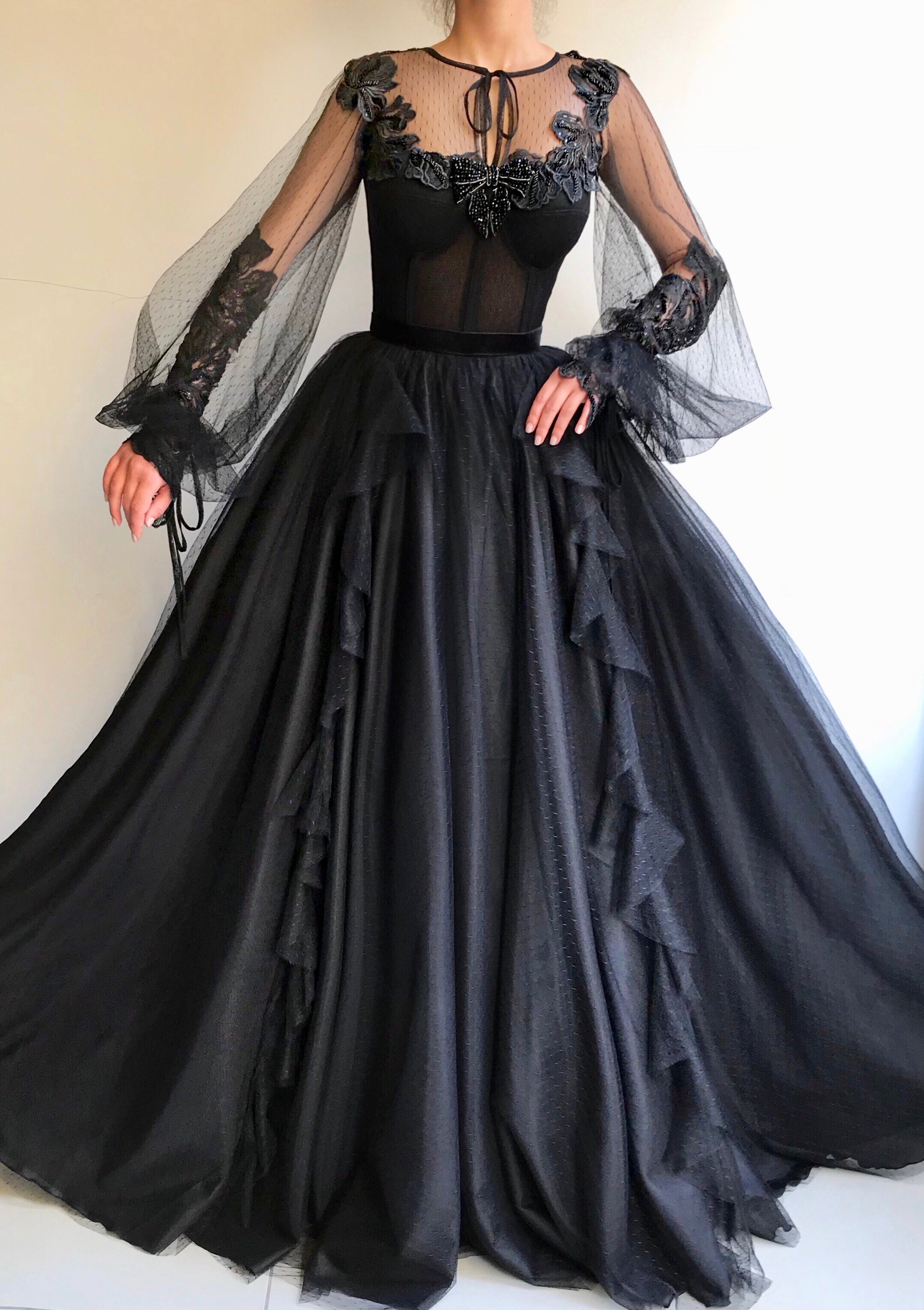 Black A-Line dress with long sleeves and embroidery