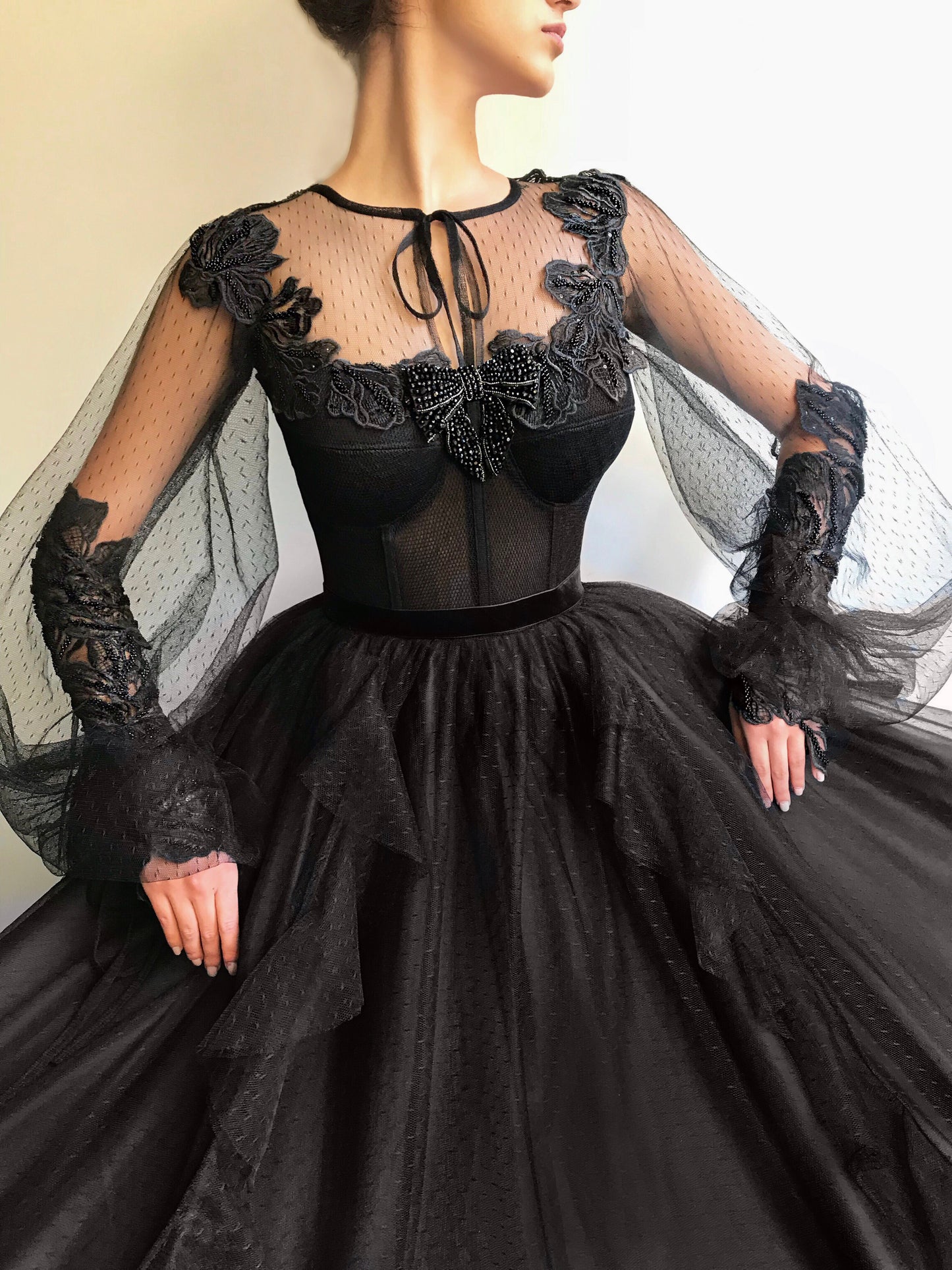 Black A-Line dress with long sleeves and embroidery