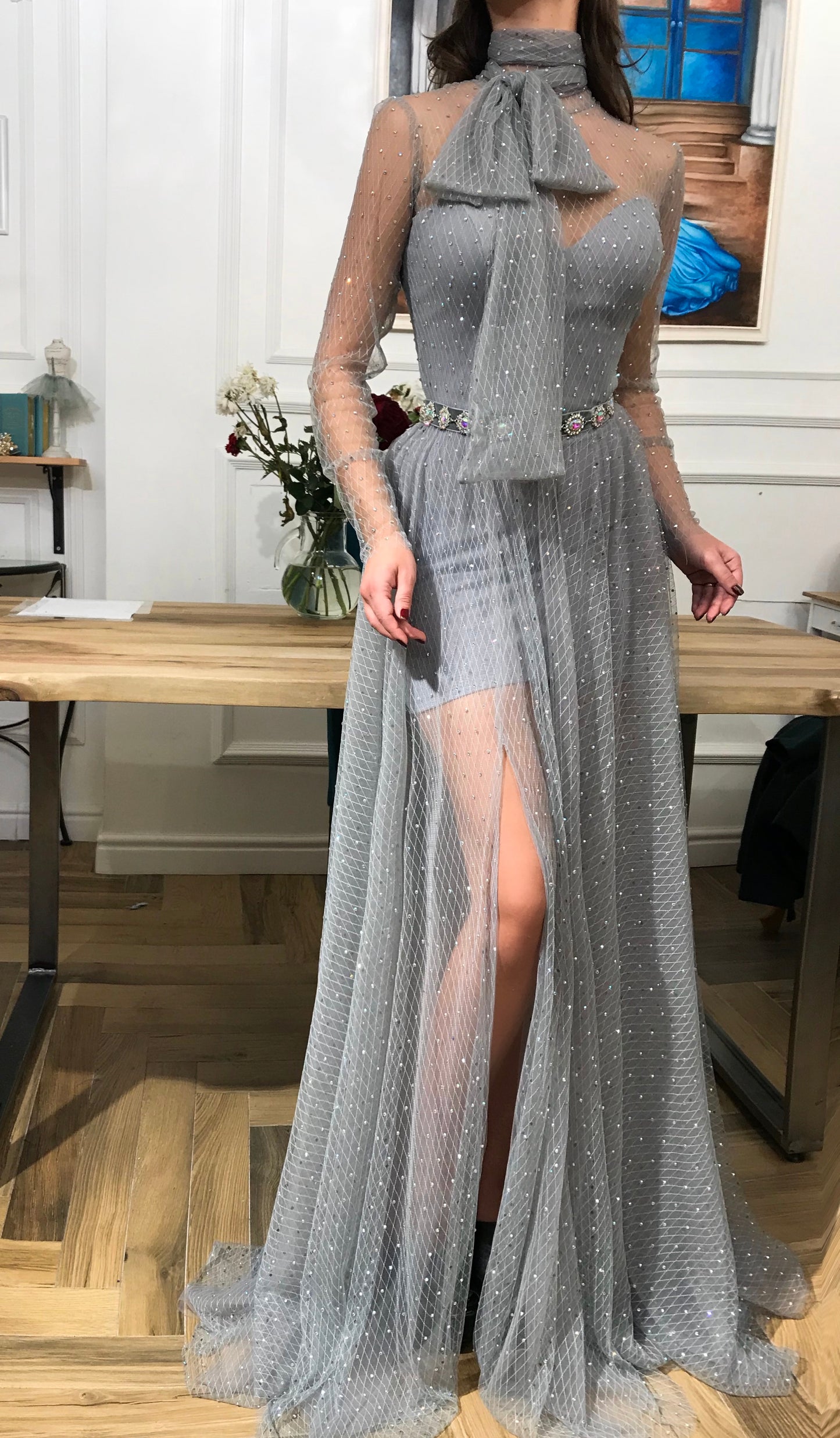Grey sheath dress with beading, long sleeves and embroidery